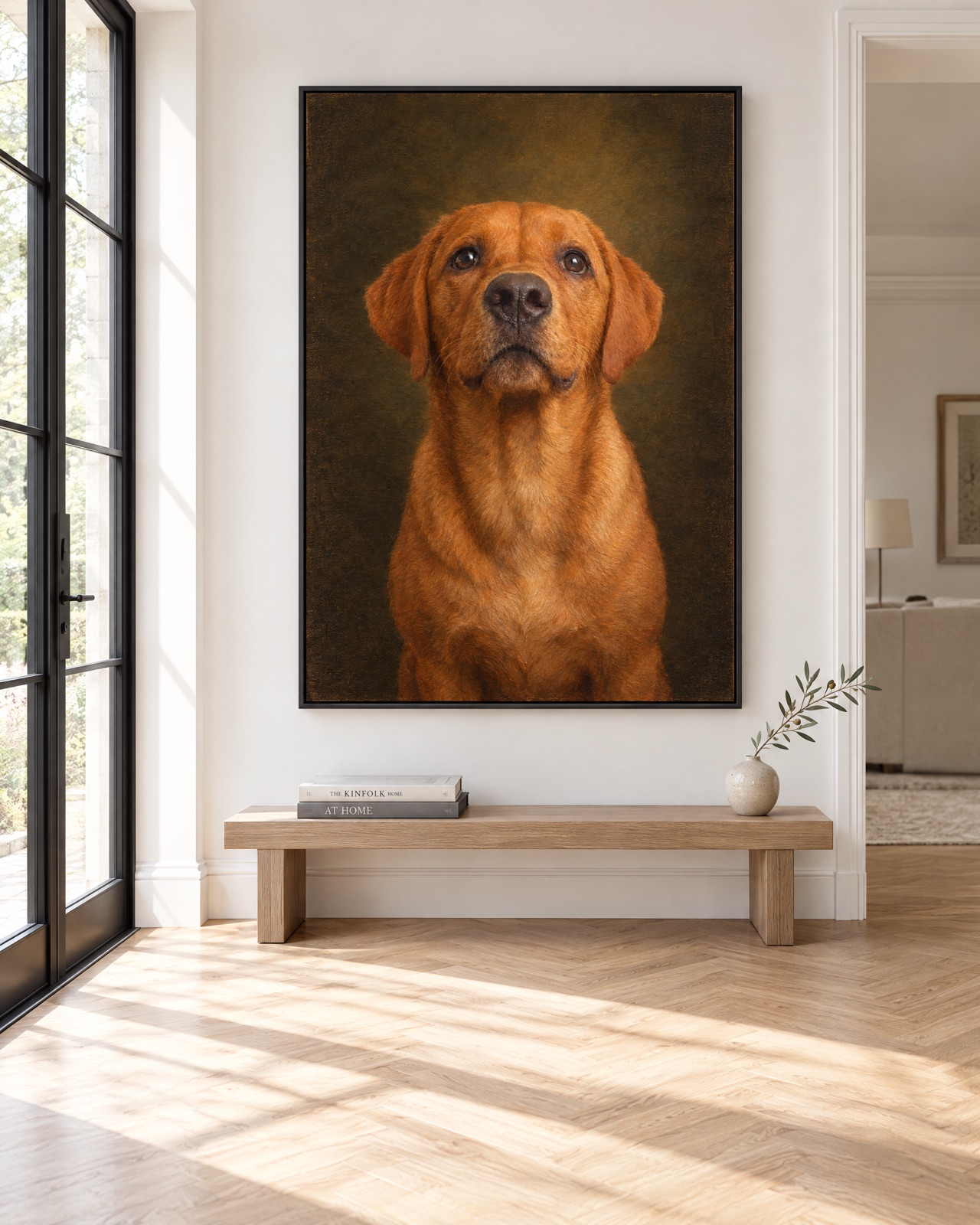 A framed oil portrait of a fox red Labrador in a bright modern hallway