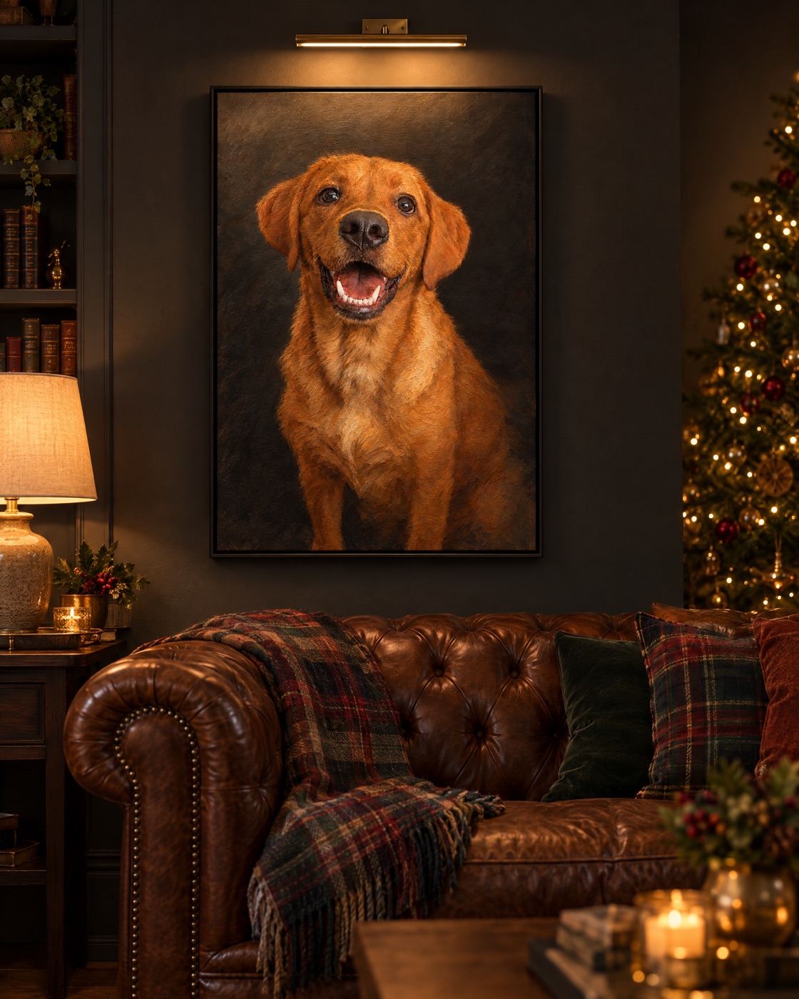 A framed portrait of a laughing Labrador above a leather sofa at Christmas